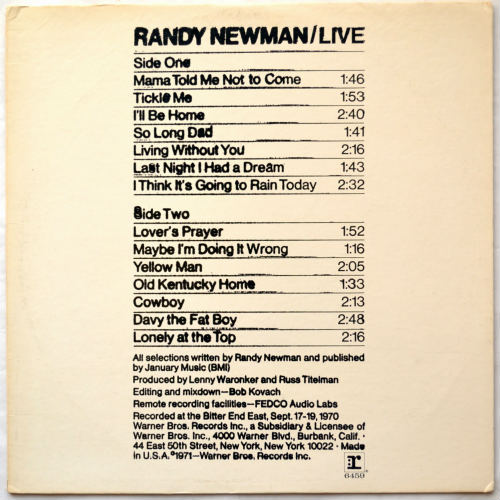 Randy Newman / Live (Rare Promo)β