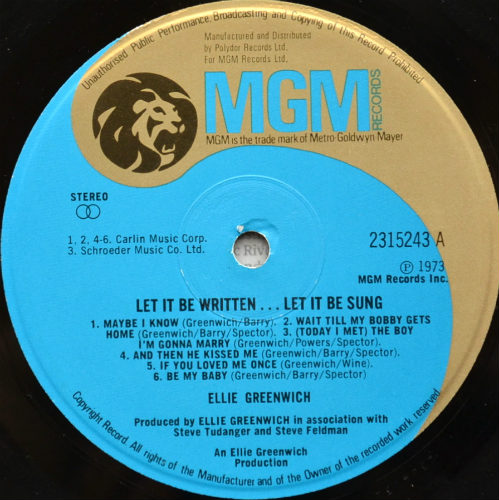 Ellie Greenwich / Let It Be Written, Let It Be Sung (UK Matrix-1)β