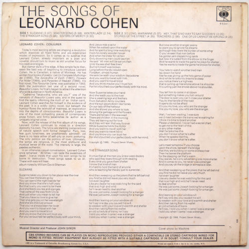 Leonard Cohen / The Songs Of Leonard Cohen (UK early Press)β