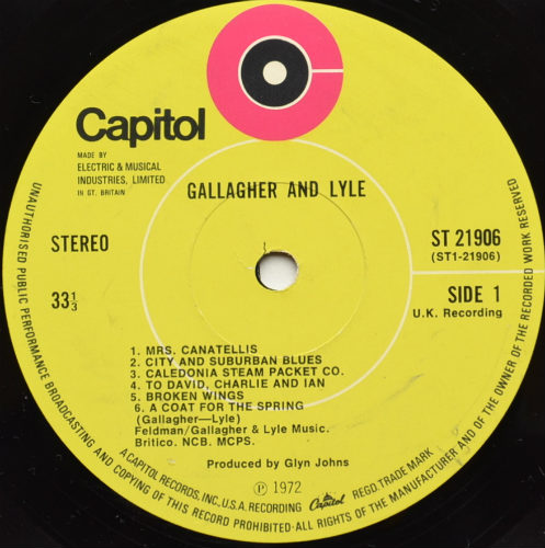 Gallagher and Lyle / Benny Gallagher / Graham Lyle (Rare UK Capitol 1st Matrix-1)β