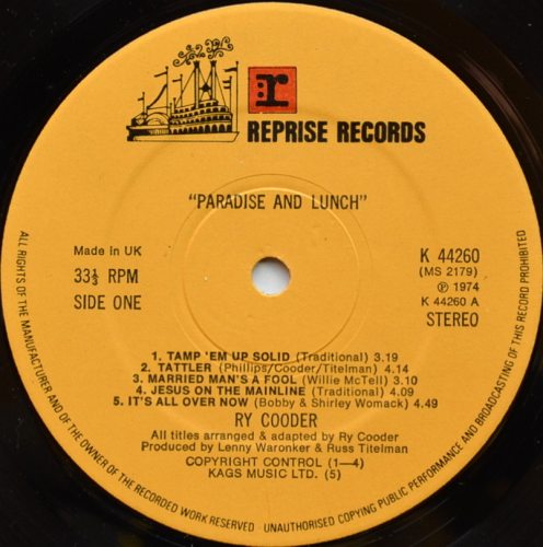 Ry Cooder / Paradise And Lunch (UK Matrix-1)β