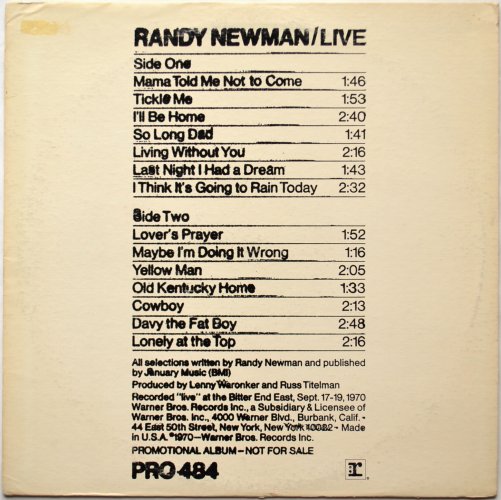 Randy Newman / Live (激レアPRO規格)の画像