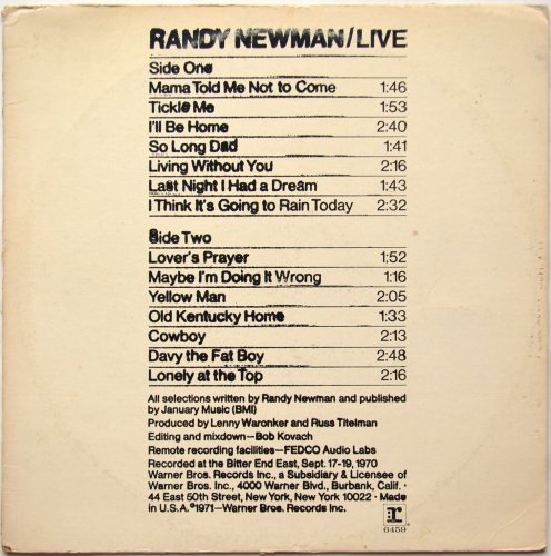 Randy Newman / Live (Rare White Label Promo)β