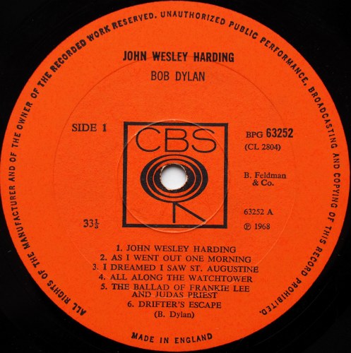 Bob Dylan / John Wesley Harding (UK Early Press Rare MONO)β