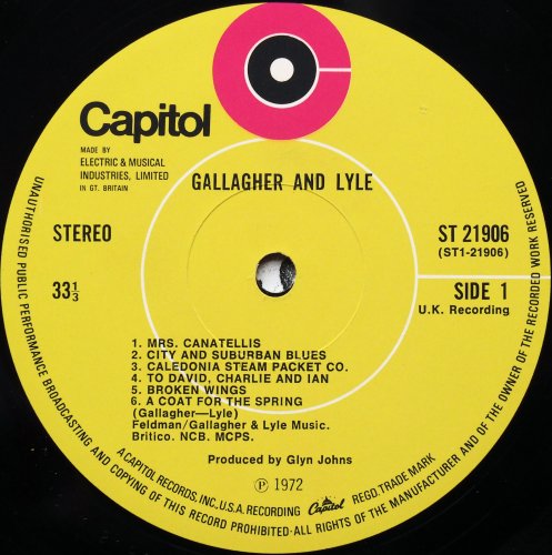 Gallagher And Lyle / Benny Gallagher - Graham Lyle (UK Rare Capitol 1st Issue)β