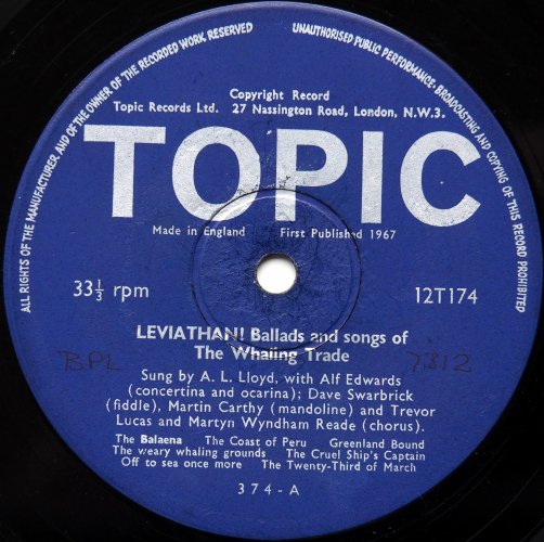 A.L. Lloyd / Leviathan ! ; Ballads  Song Of The Whaling Trade (Blue Topic)β