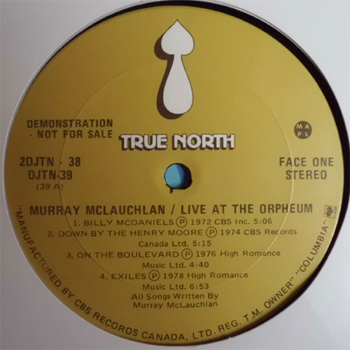 Murray McLauchlan / Live At The Orpheum (Mega Rare 2LP, Canadian Only Live Promo)β