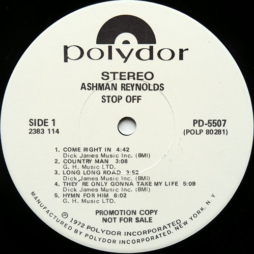 Ashman Reynolds / Stop Off (US White Label Promo w/Promo Sheet)β