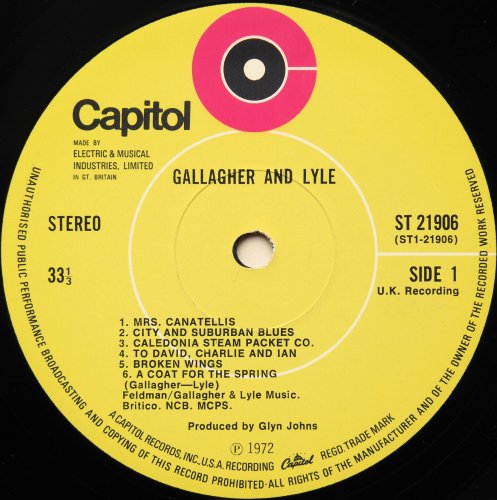 Gallagher And Lyle / Benny Gallagher - Graham Lyle (UK Rare Capitol Issue)β